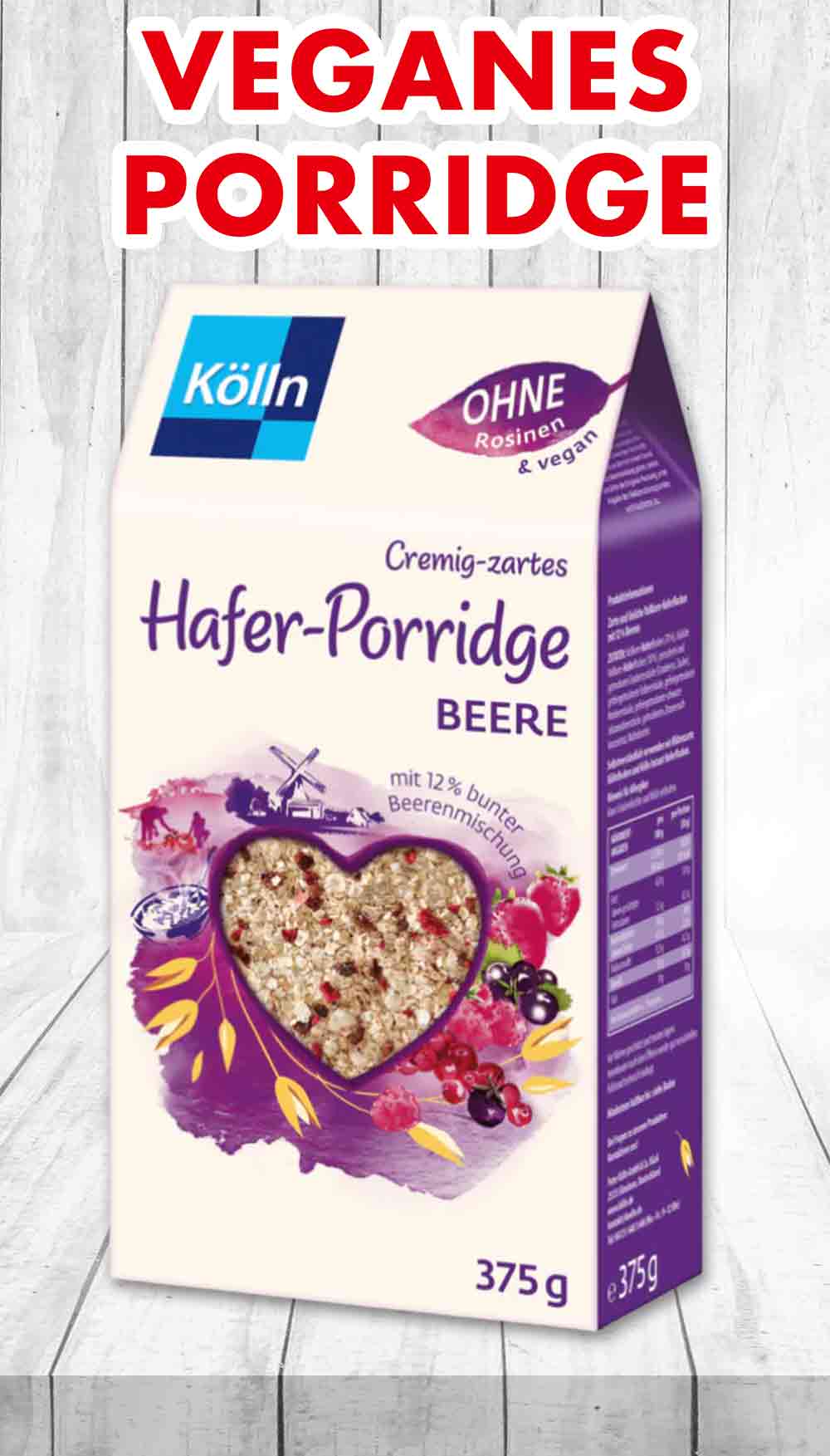 Das vegane Kölln Porridge enthält Hafer und eine bunte Beerenmischung. Eine Packung Kölln Hafer Porridge Beere