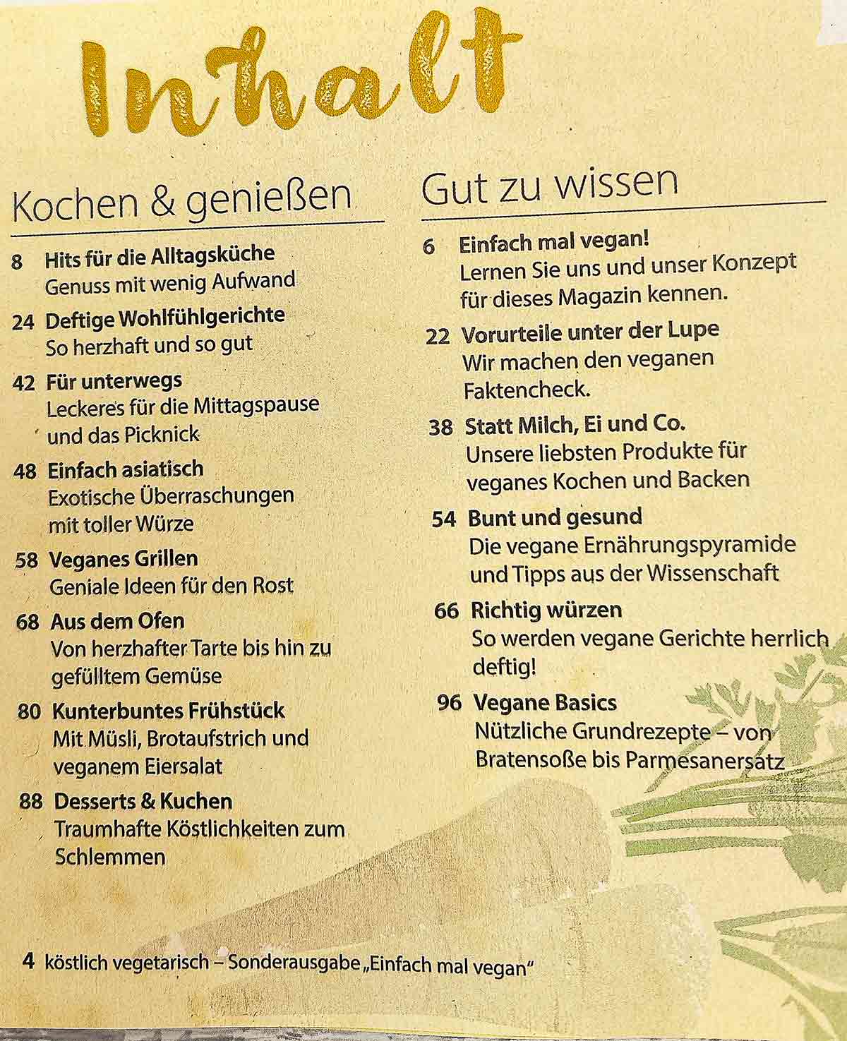 Inhaltsverzeichnis Köstlich vegetarisch Sonderausgabe Einfach mal vegan Inhalt Kochen und genießen und Gut zu wissen