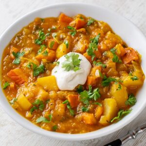 Veganer Kürbis Kartoffel Eintopf mit Lauch