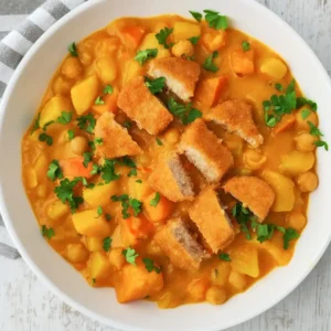 Ein Teller veganer Kürbis-Kichererbsen-Eintopf mit Kartoffeln und veganen Nuggets, garniert mit frischer Petersilie.