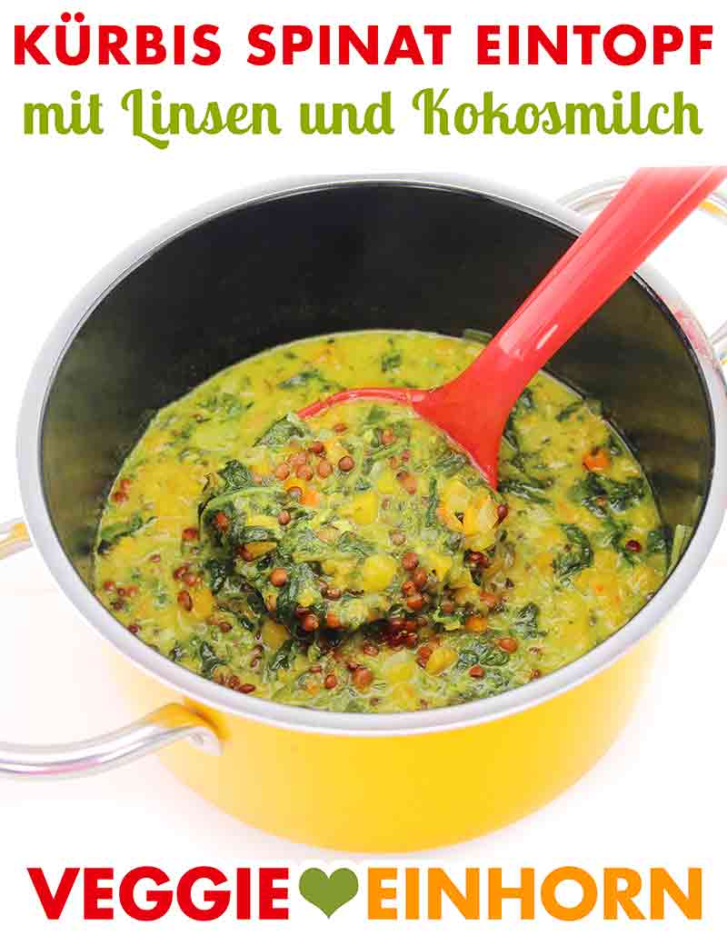Der Kürbis Spinat Eintopf mit Linsen ist vegan. Ein Topf mit Kürbis Spinat Eintopf