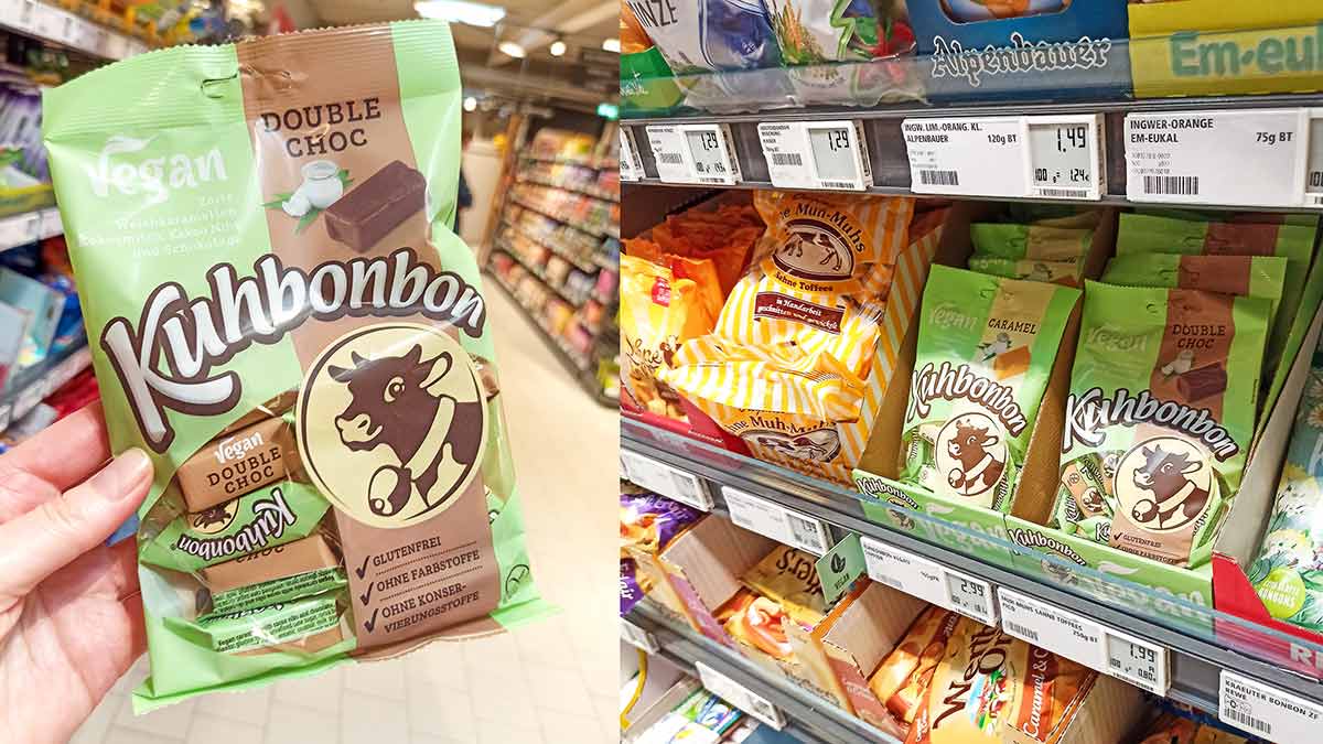 Die Kuhbonbons Double Choc sind vegan, glutenfrei, milchfrei und laktosefrei. Vegane Kuhbonbons Double Choc
