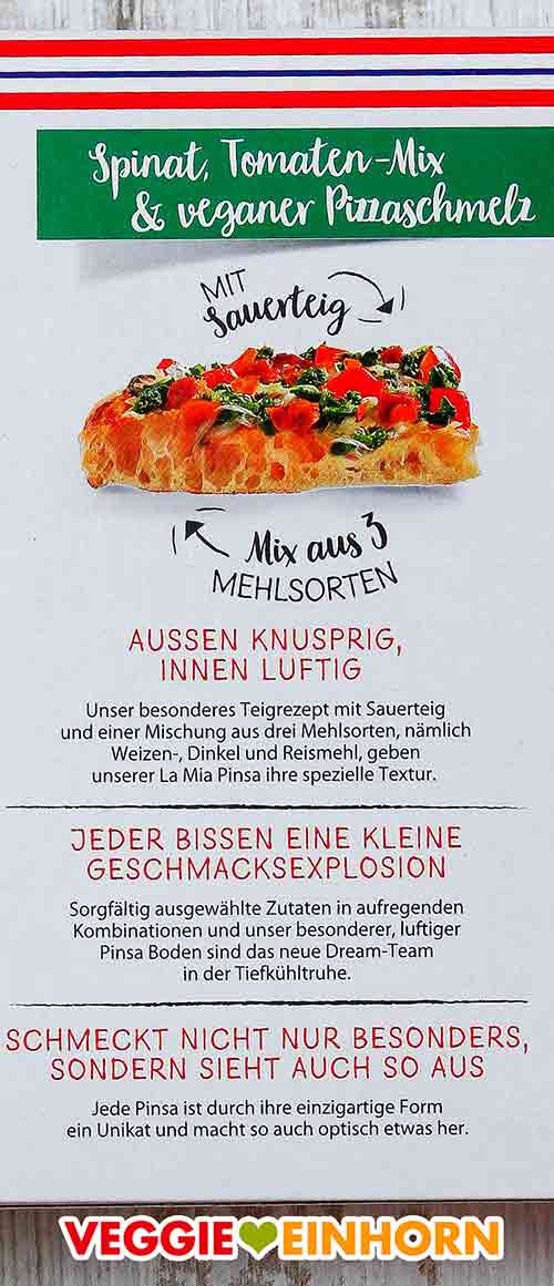 Die vegane Pizza La Mia Pinsa hat einen Boden mit Sauerteig. Text auf der Rückseite der Packung der veganen Pizza La Mia Pinsa von Dr. Oetker