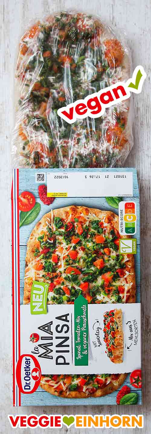 Die vegane Pizza ist in Folie und Pappe verpackt. Verpackung der veganen Pizza La Mia Pinsa von Dr. Oetker