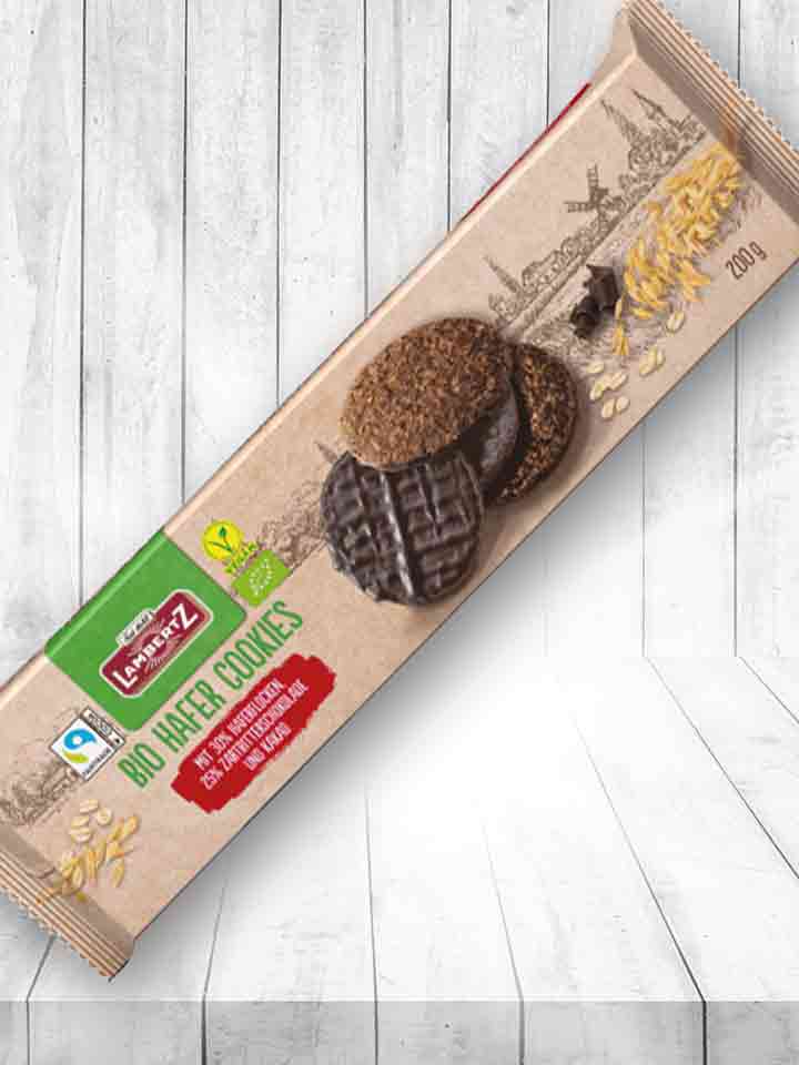 Eine Packung Lambertz Bio Hafer Cookies Zartbitter