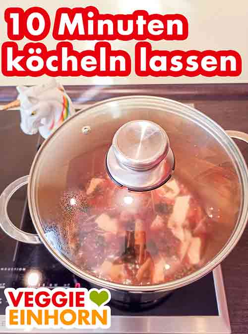 Die Suppe 10 Minuten bei kleiner Hitze köcheln lassen Die Lasagne Suppe kocht mit Deckel