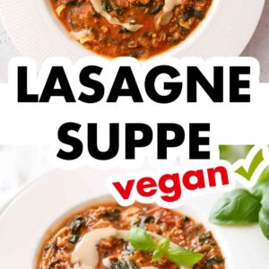 Vegane Lasagne Suppe mit Mandelsoße und Basilikum garniert