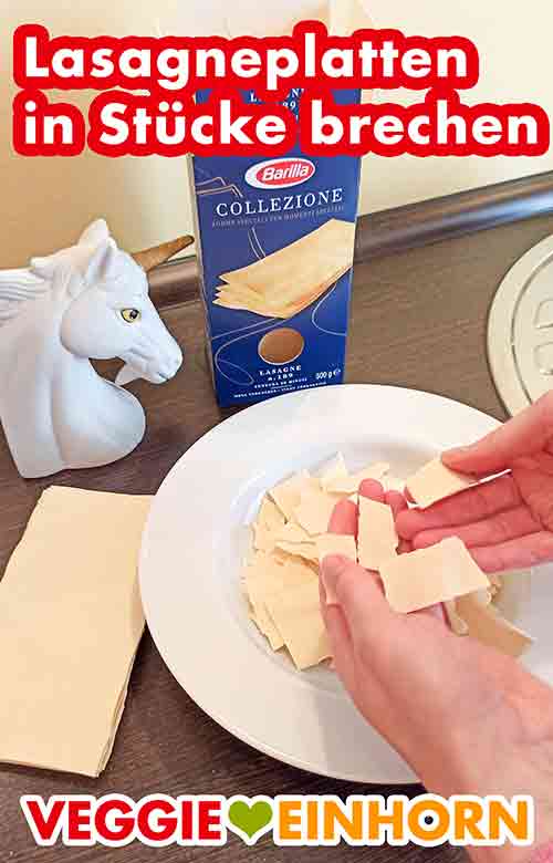 Die Lasagneplatten in mundgerechte Stücke brechen. Lasagneplatten in Stücke brechen