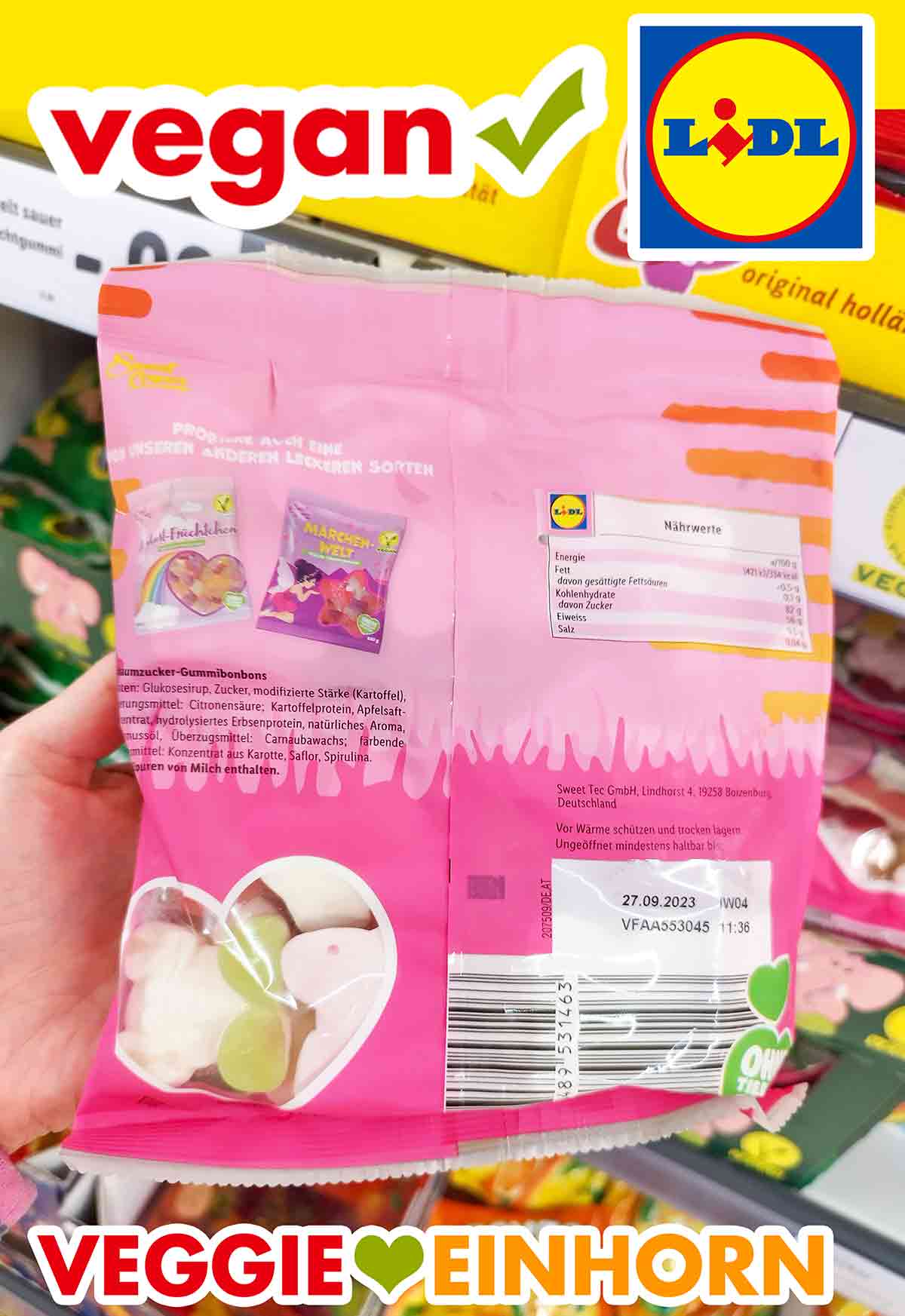 Die Ellyfant Fruchtgummis von Lidl Sweet Corner sind vegan. Rückseite der Packung der veganen Ellyfant Fruchtgummis von Lidl