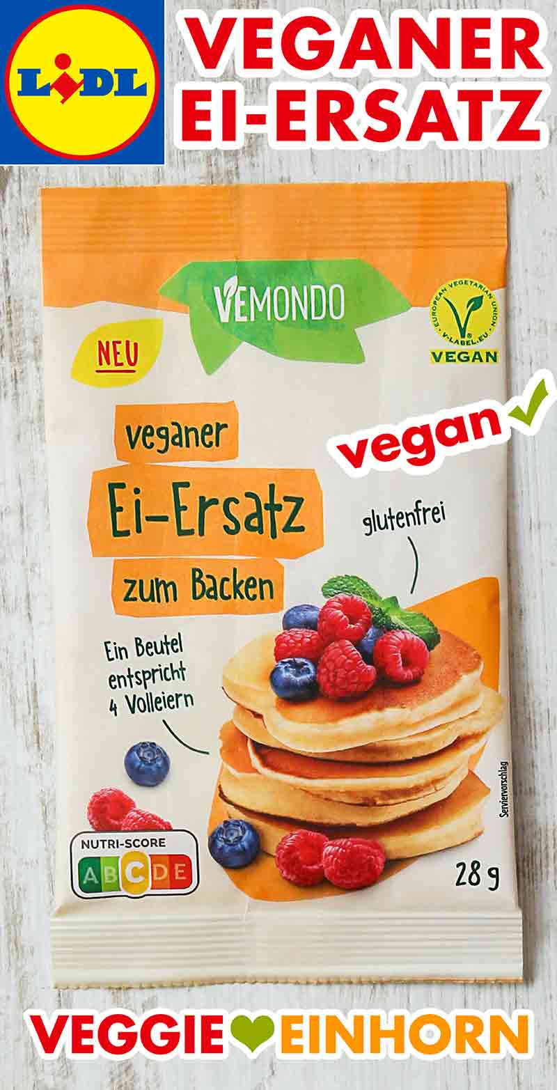 Ein Beutel enthält 28 g veganes Vollei-Ersatz Pulver. Ein Päckchen veganer Ei-Ersatz von Lidl