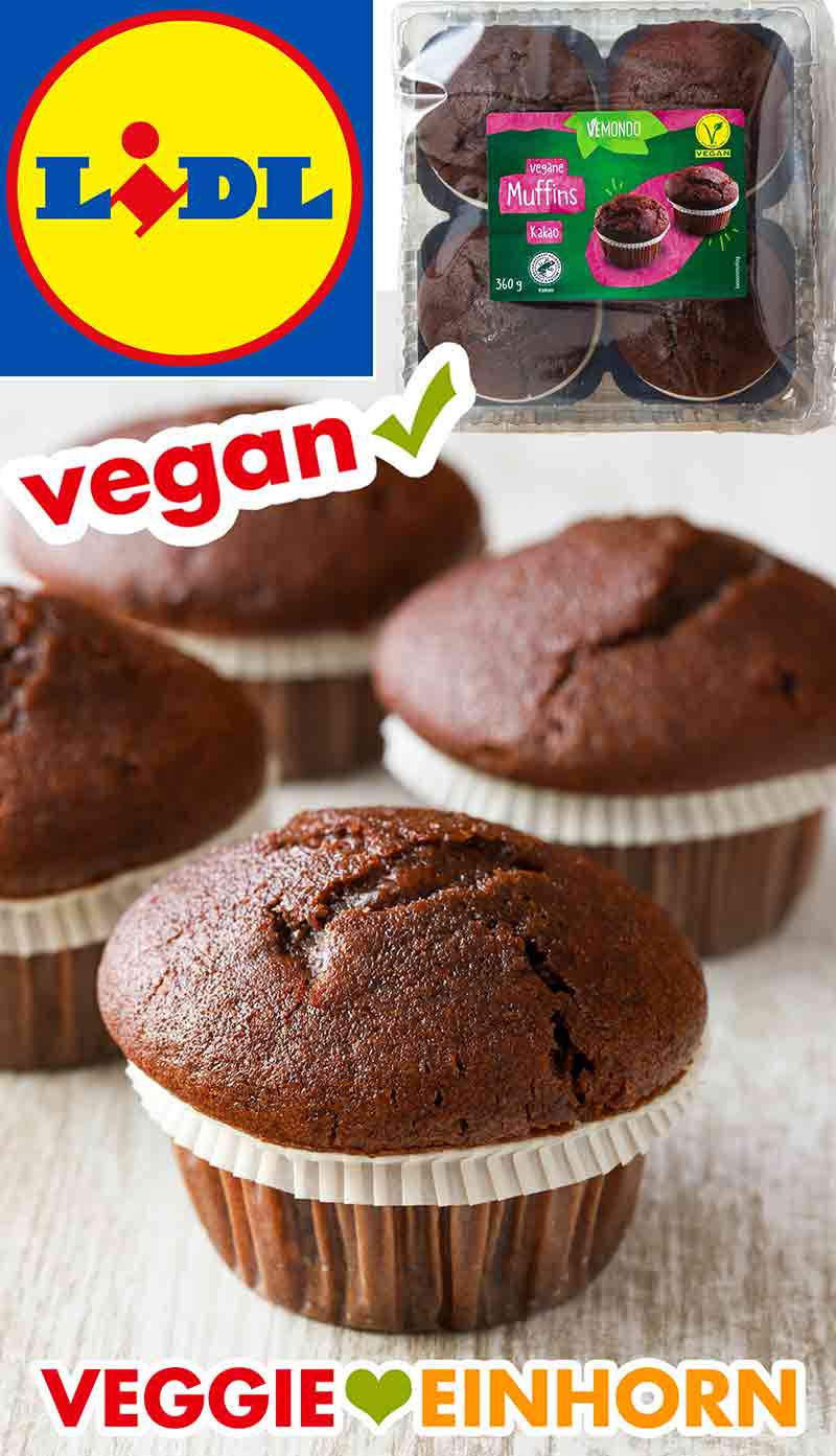 So sehen die veganen Schoko Muffins von Lidl aus. Vier vegane Schoko Muffins von Lidl