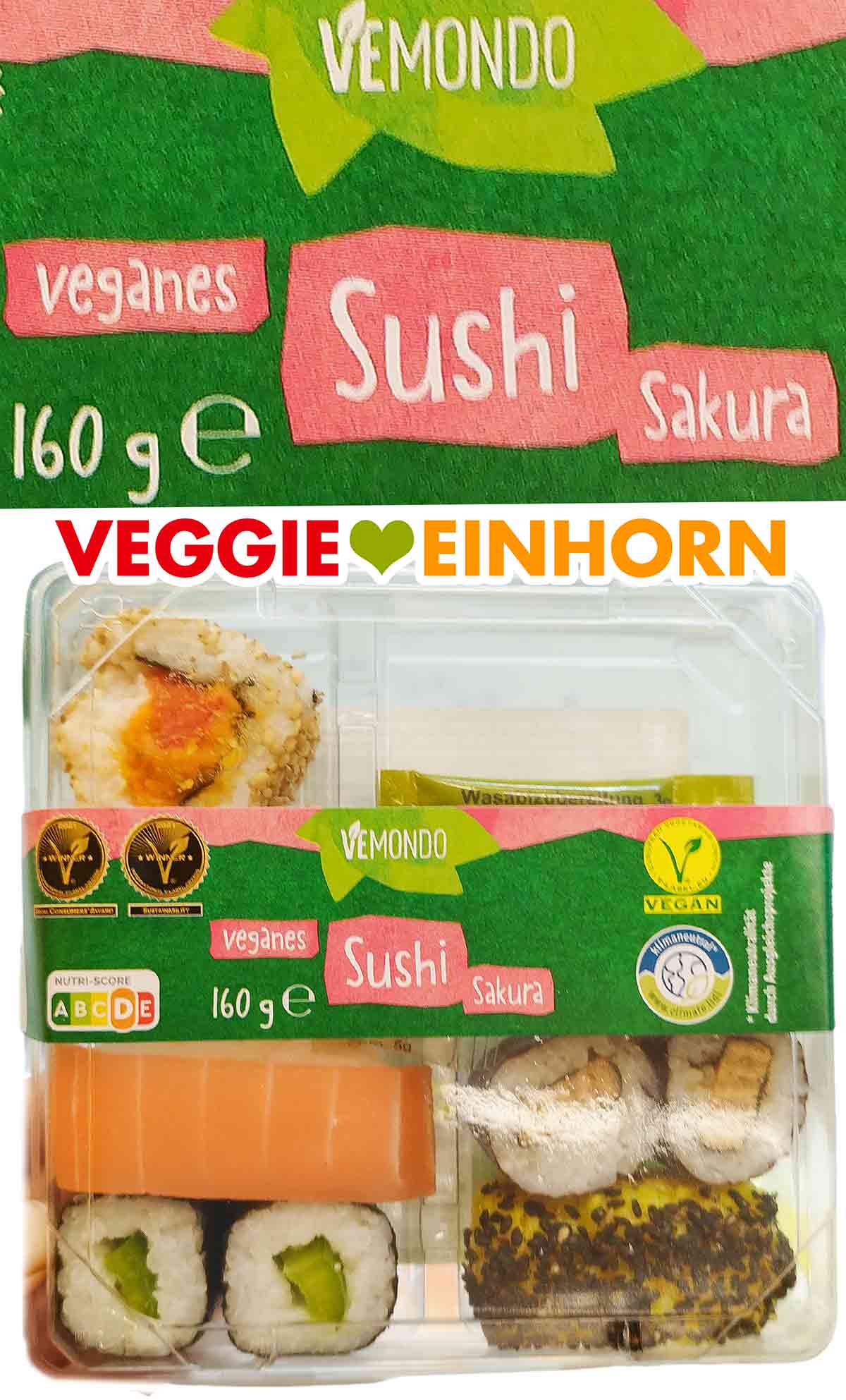 Auf der veganen Sushi Box von Lidl ist ein Vegan Zeichen. Vemondo Veganes Sushi Sakura von Lidl