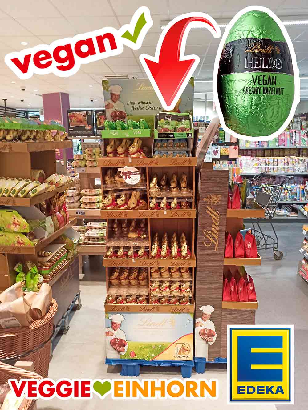 Die veganen gefüllten Schokoeier von Lindt HELLO findest Du bei den Ostersüßigkeiten. Aufsteller mit Ostersüßigkeiten von Lindt bei Edeka