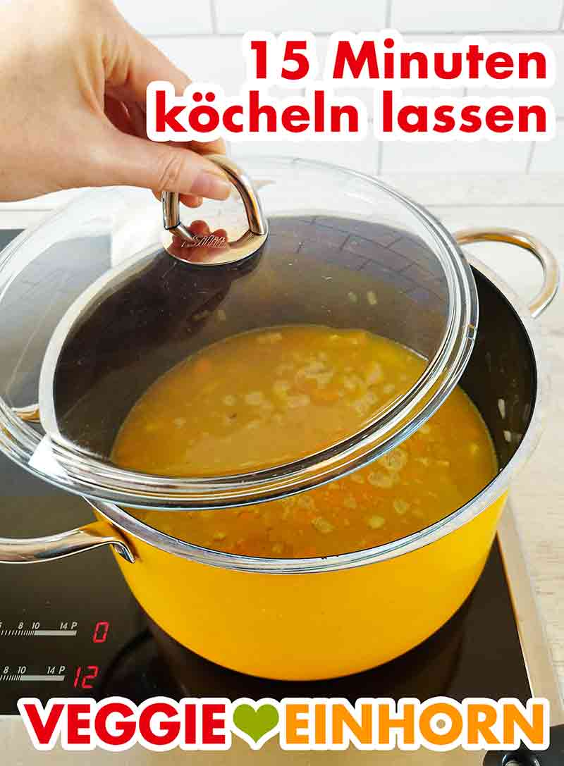 Den Eintopf 15 Minuten mit Deckel köcheln lassen. Der Deckel wird auf den Kochtopf gesetzt.