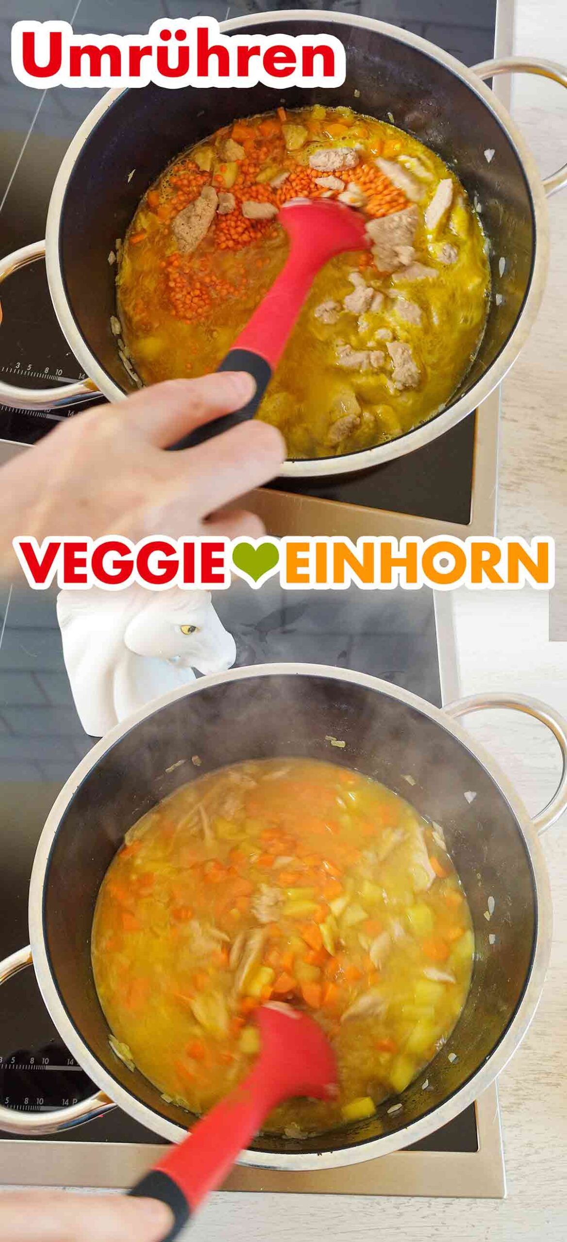 Der vegane Eintopf wird umgerührt. Umrühren des veganen Eintopfs