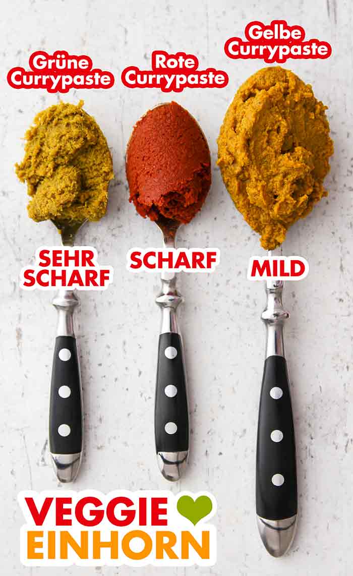 Grüne Currypaste ist am schärfsten. Rote Currypaste ist scharf. Gelbe Currypaste ist mild. Löffel mit grüner, roter und gelber Currypaste