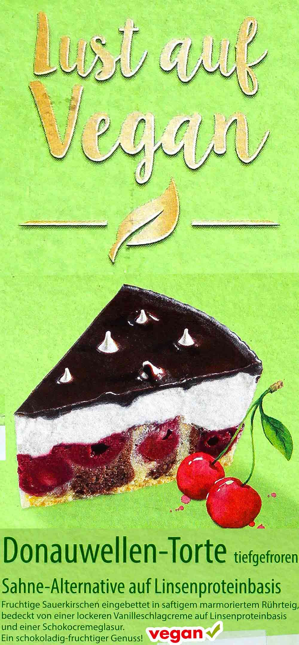 Die tiefgefrorene vegane Donauwellen Torte von Coppenrath und Wiese ist mit Sahne auf Linsenproteinbasis Coppenrath und Wiese Lust auf Vegan Donauwellen Torte