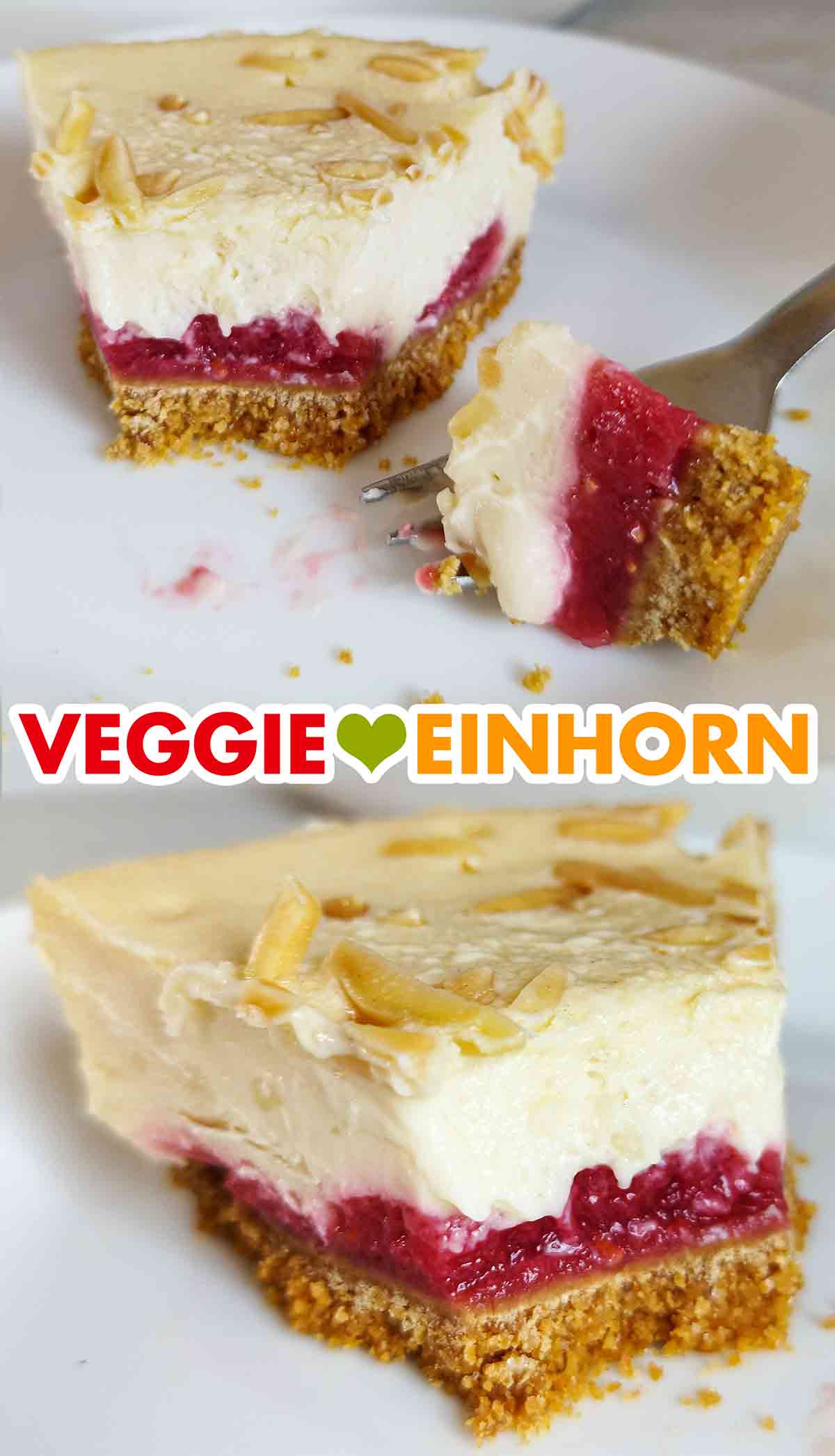 Nahaufnahme des veganen Himbeer Mandel Cheesecakes Himbeer Mandel Kuchen von Coppenrath und Wiese