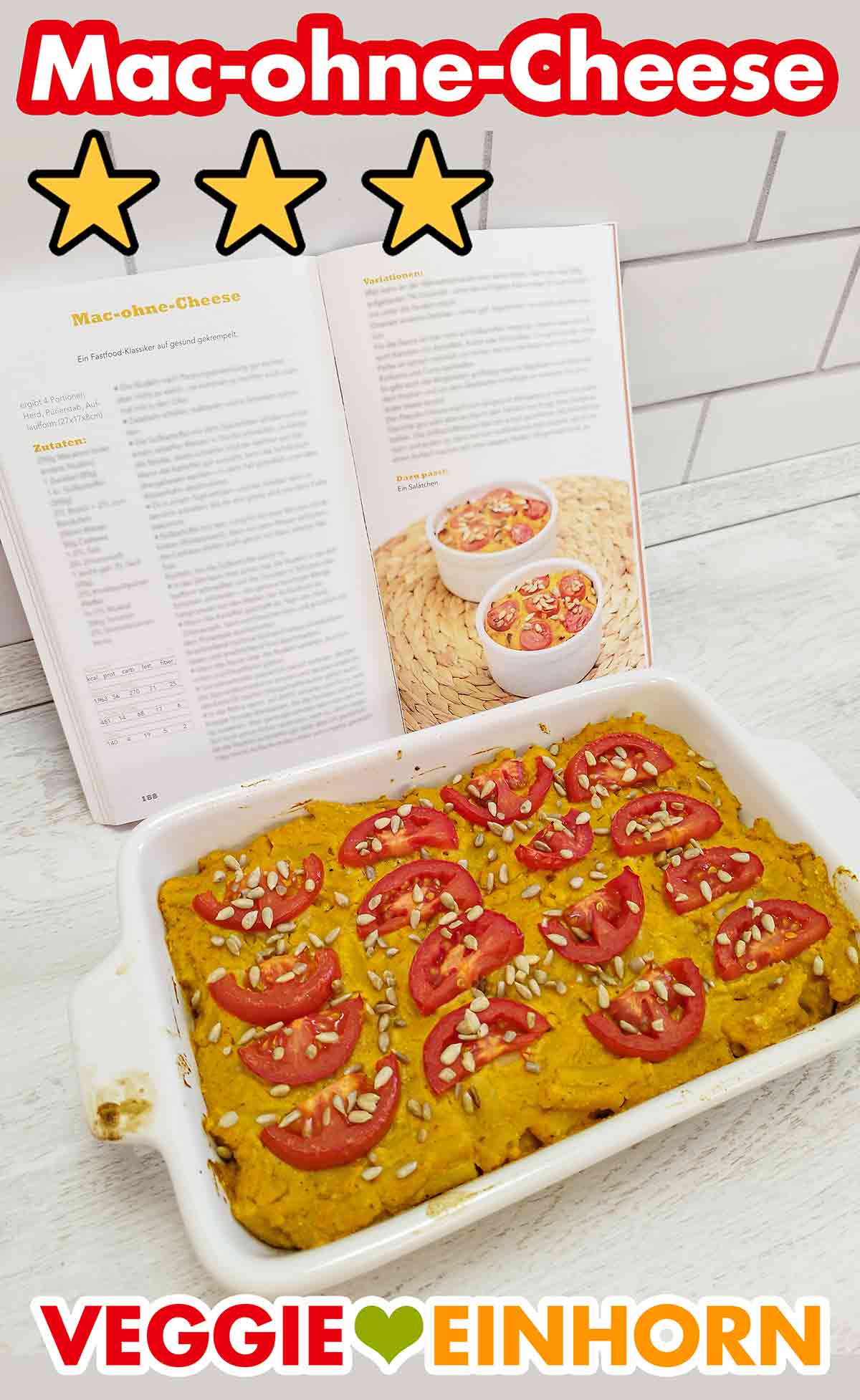 Ich habe die veganen Mac and Cheese mit Süßkartoffeln und Tomaten aus dem Buch Vegan Super Easy von Ilja Lauber probiert. Buch Vegan Super Easy von Ilja Lauber und Auflaufform mit Mac-ohne-Cheese