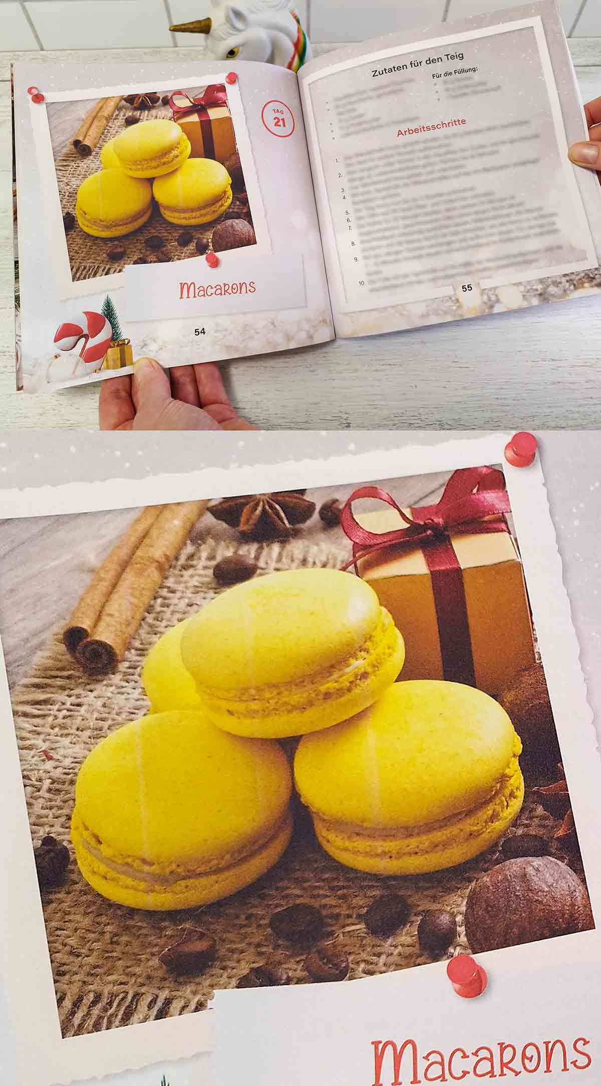 Die Macarons sehen nicht aus wie nach dem Rezept selbst gebacken. Macarons im Buch der vegane Adventskalender von Maria Bachmann