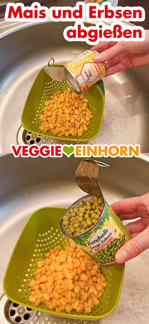 Eine kleine Dose Mais und eine kleine Dose Erbsen abgießen. Mais und Erbsen abgießen