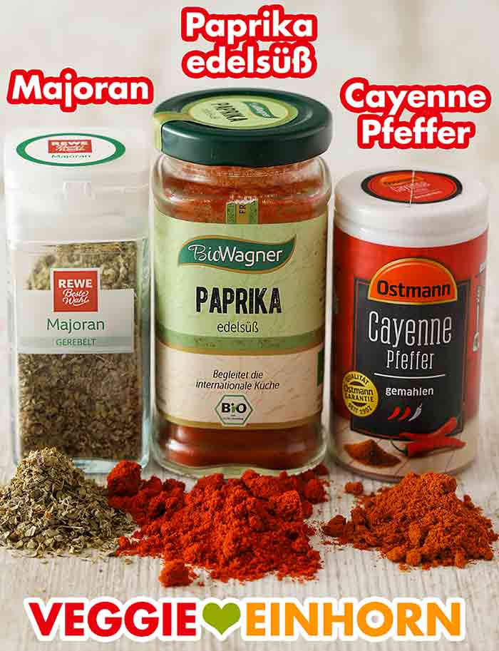 Getrockneter Majoran von Rewe Beste Wahl, Paprika edelsüß von Bio Wagner, Cayennepfeffer von Ostmann Majoran, Paprika edelsüß Pulver, Cayennepfeffer