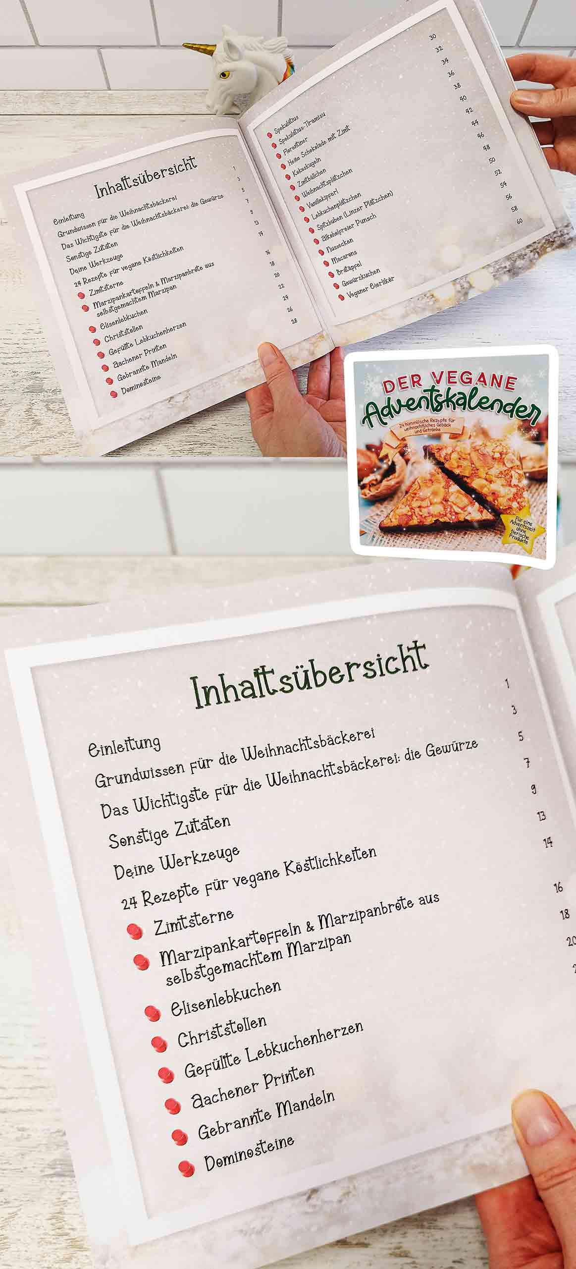 Das Buch enthält 24 weihnachtliche vegane Rezepte. Inhaltsverzeichnis des Buches Der Vegane Adventskalender von Maria Bachmann