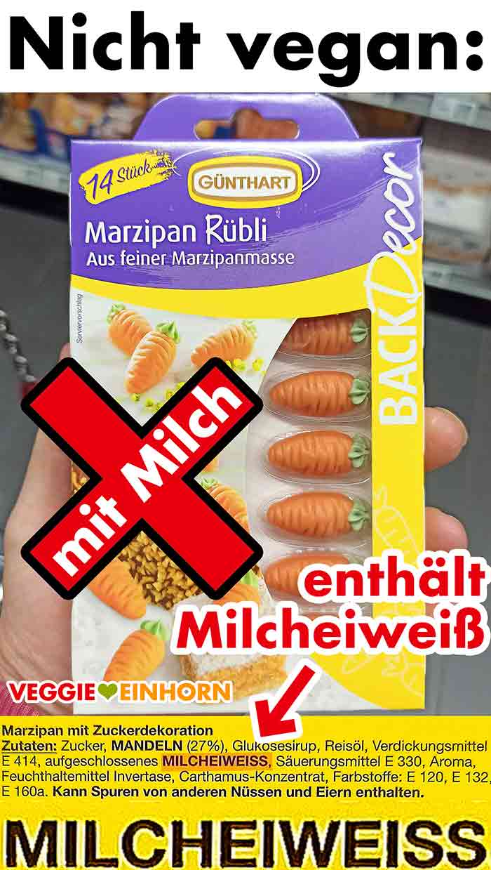 Die Marzipanmöhren zum Kaufen enthalten Milch und sind nicht vegan. Eine Packung Marzipan Karotten