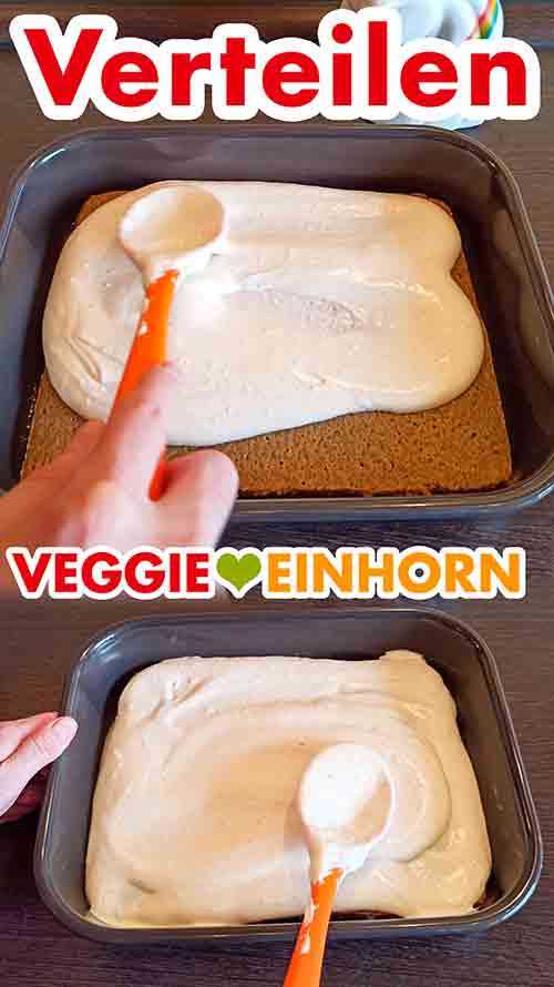 Die Mascarpone Creme glatt streichen und verteilen. Die vegane Mascarpone Creme gleichmäßig verteilen.
