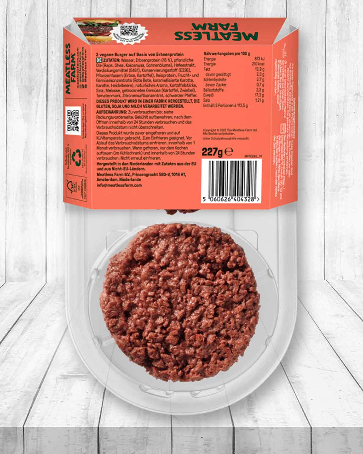 So sieht die Rückseite der Verpackung der Meatless Farm Burger aus. Meatless Farm Burger Packungsrückseite