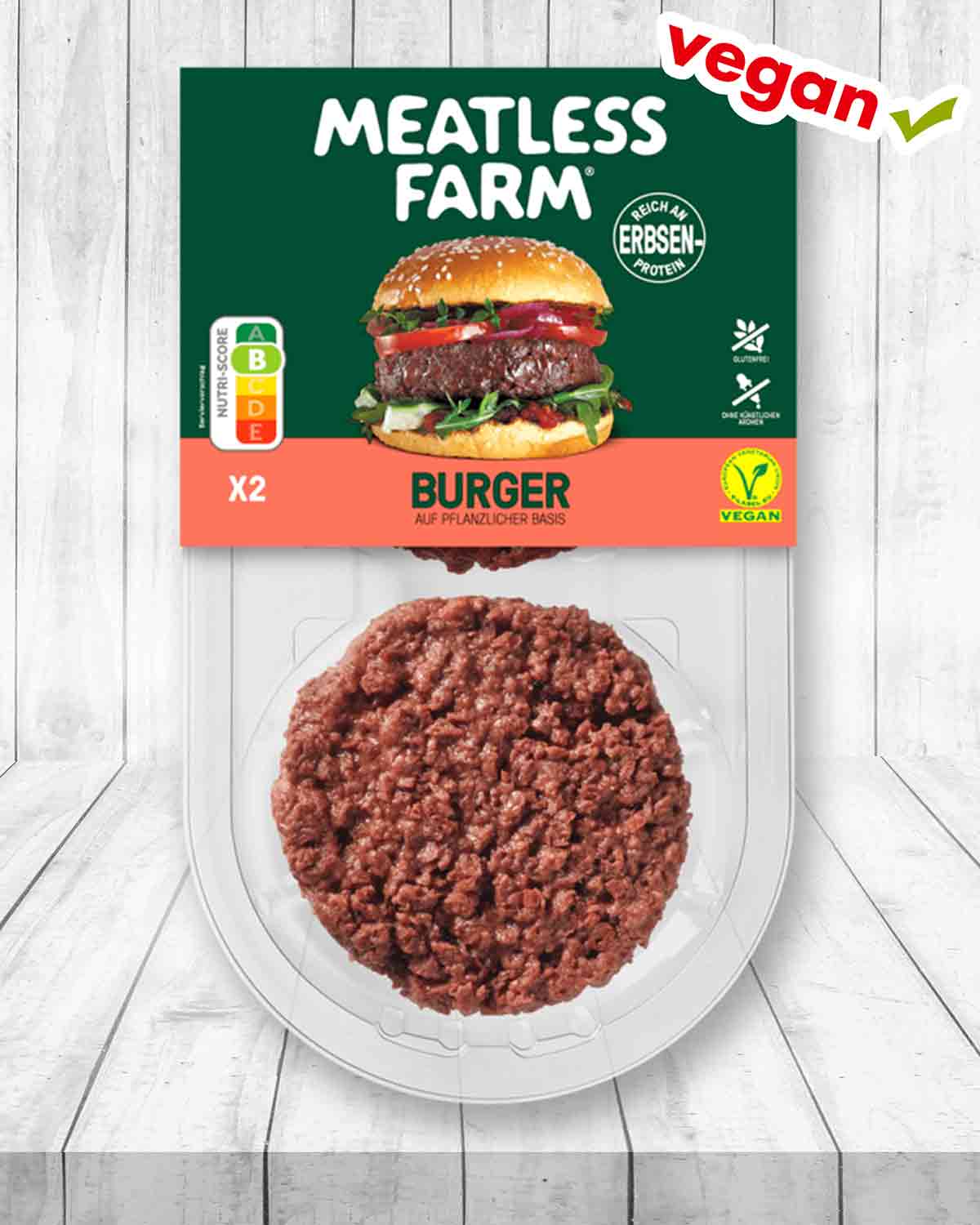 Die Meatless Farm Burger Patties sind vegan und glutenfrei. Vegane Burger von Meatless Farm