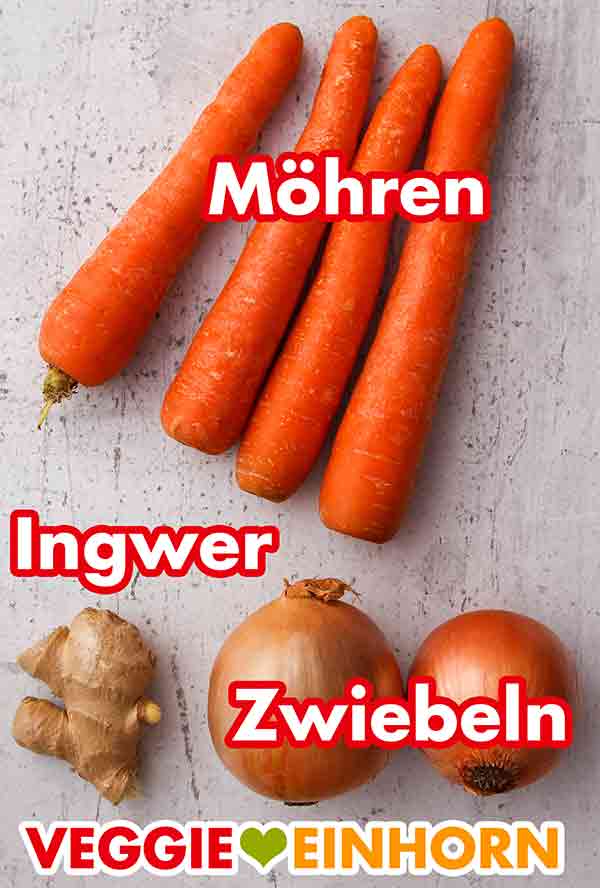 Karotten, Ingwer, Zwiebeln Möhren, frischer Ingwer und Zwiebeln
