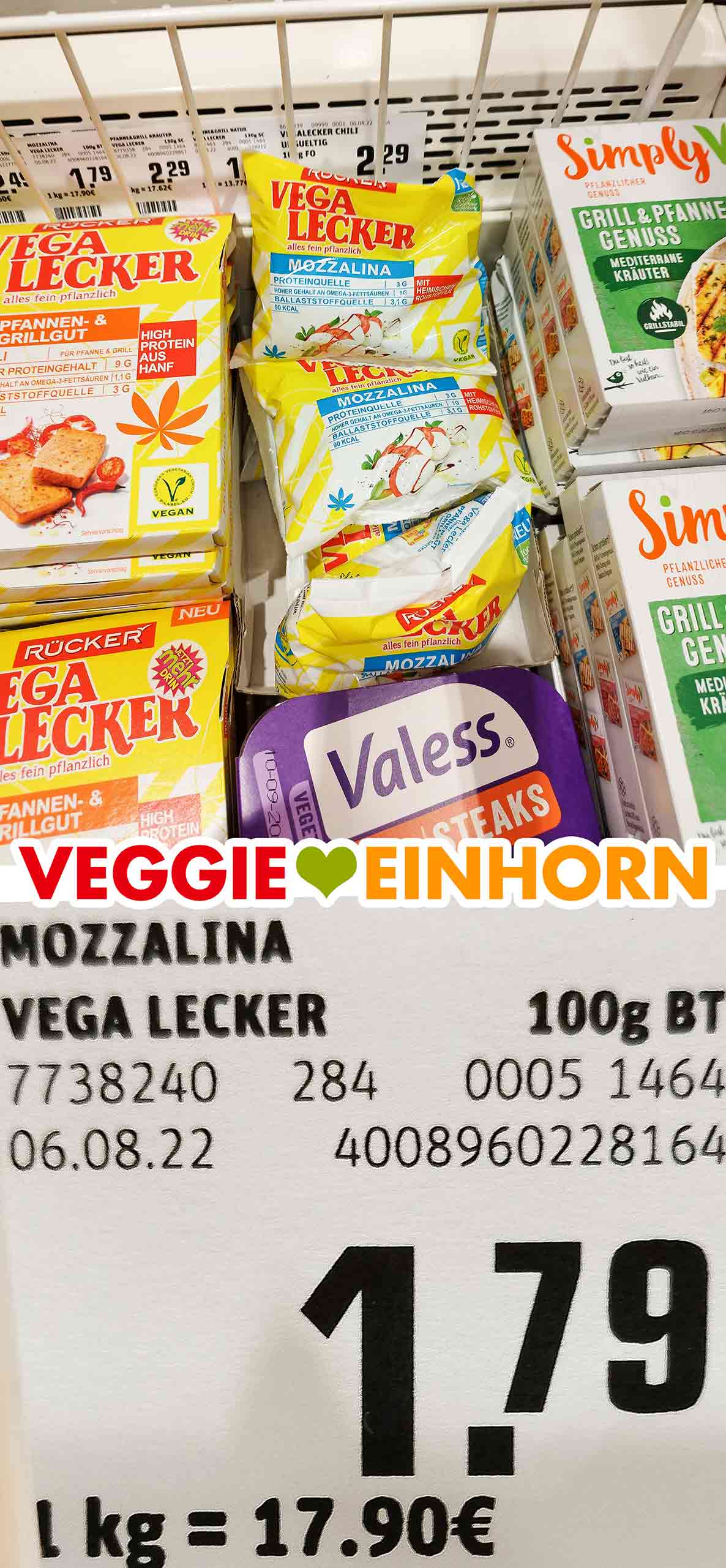 Der vegane Mozzarella von Vega Lecker hat bei Rewe 1,79 Euro gekostet. Veganer Mozzalina im Rewe