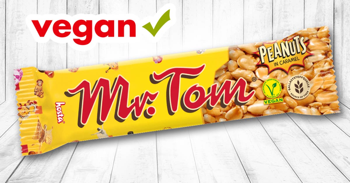 Mr. Tom ist ein veganer Riegel mit Erdnüssen und Karamell. Mr. Tom