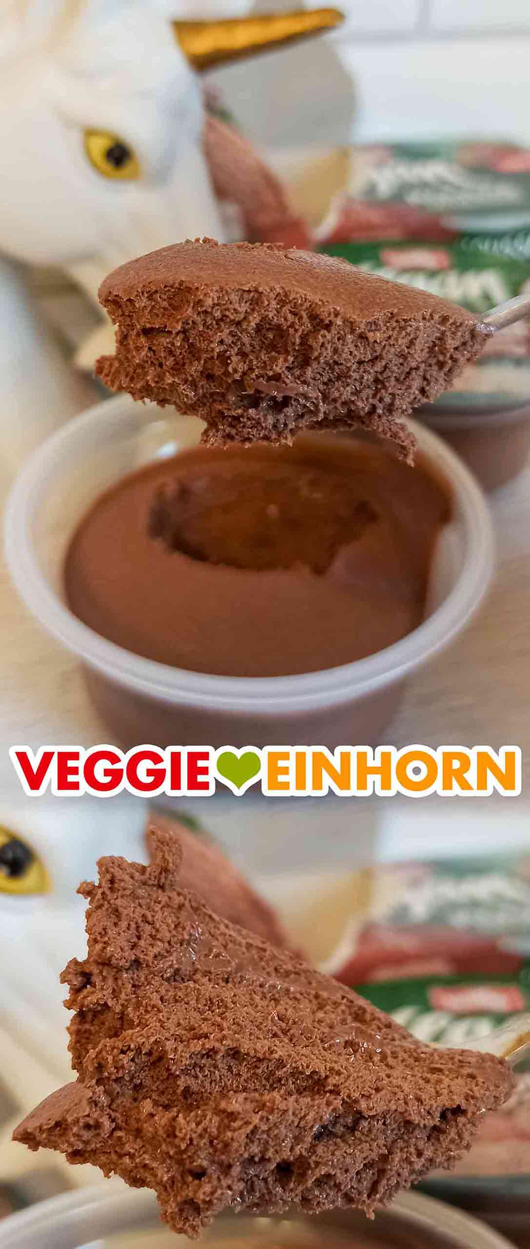 Die vegane Mousse au Chocolat von Müller ist luftig und locker. Vegan Mousse Schoko von Müller auf einem Teelöffel