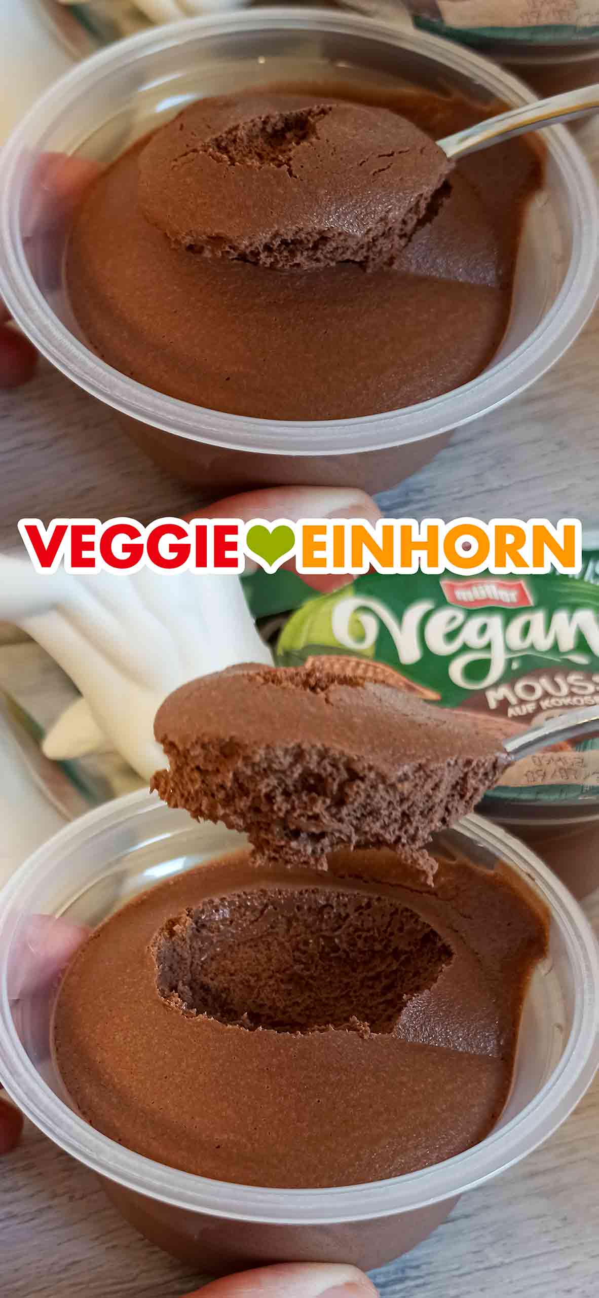 Ich probiere das Vegan Mousse Schoko von Müller. Das vegane Schoko Mousse von Müller wird mit einem Dessertlöffel aus dem Becher entnommen.