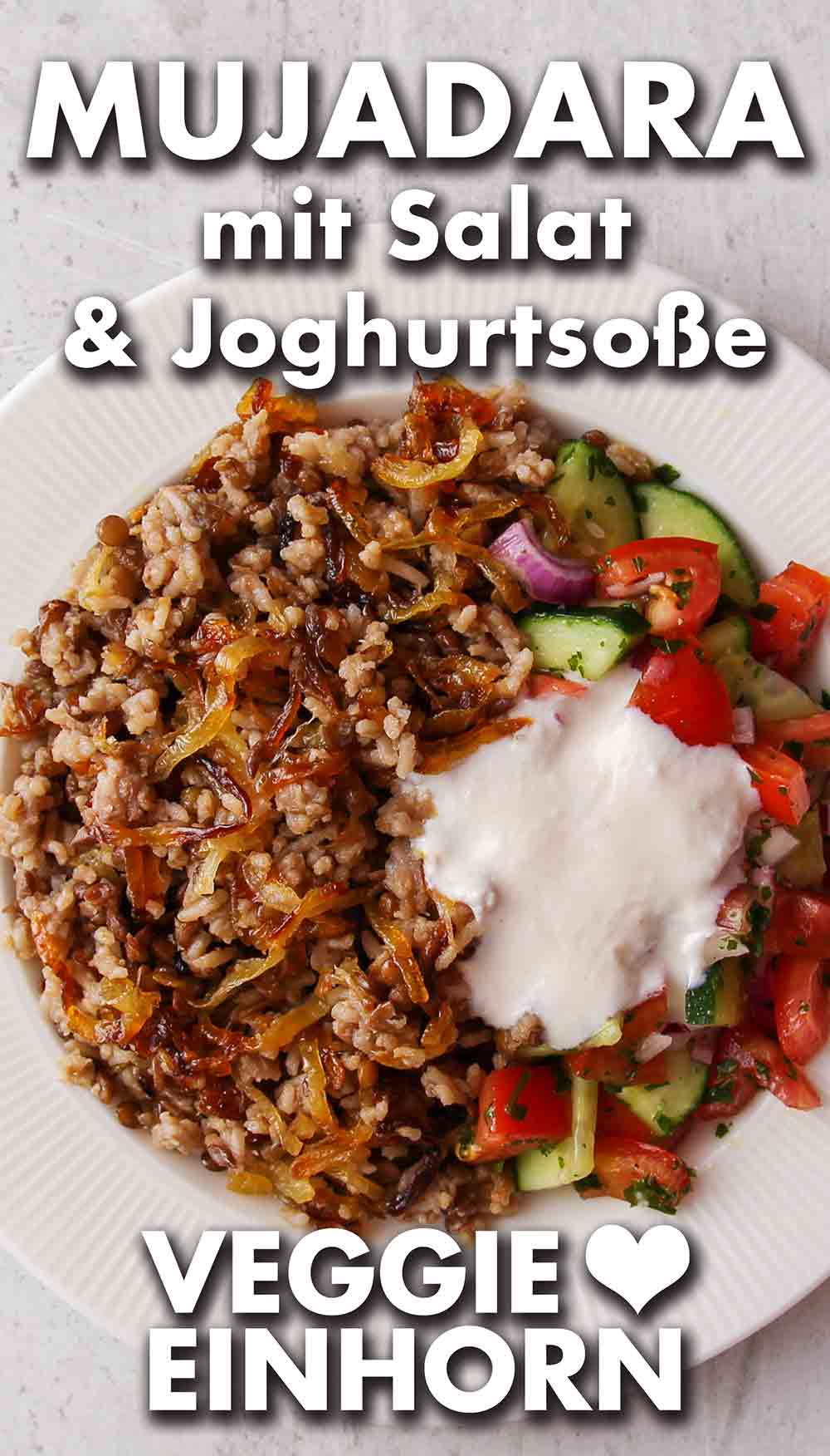 Zu Mujadara passt Shirazi Salat und vegane Joghurtsoße. Ein Teller Mujadara mit Salat und Joghurtsoße