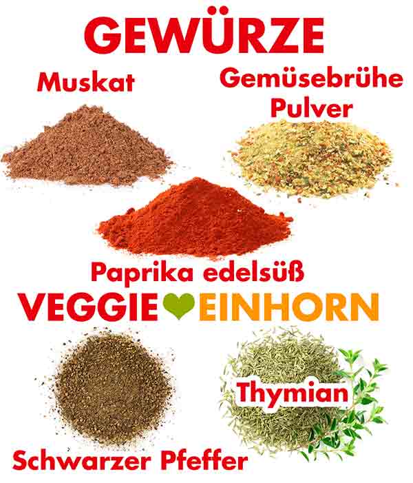 Muskatnuss, Gemüsebrühe Pulver, Paprika edelsüß, schwarzer Pfeffer, Thymian Gewürze für den veganen Shepherd's Pie mit veganem Hack