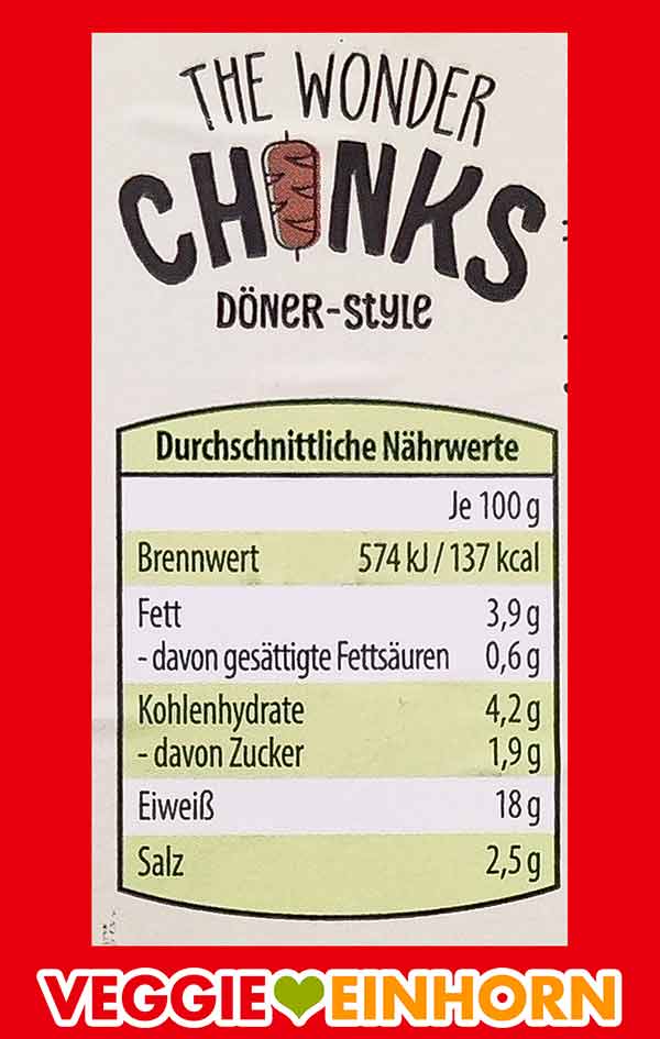 Nährwerte Tabelle des veganen Dönerfleisches von Aldi Nährwerte The Wonder Chunks Döner-Style