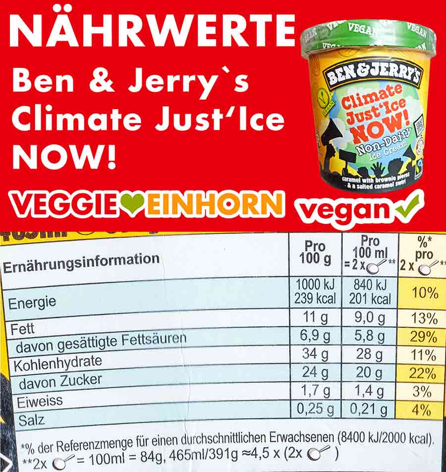 Kalorien und Nährwertetabelle des veganen Eis Climate Just'Ice Now von Ben & Jerry's Nährwerte Ben and Jerry's Climate Just'Ice Now
