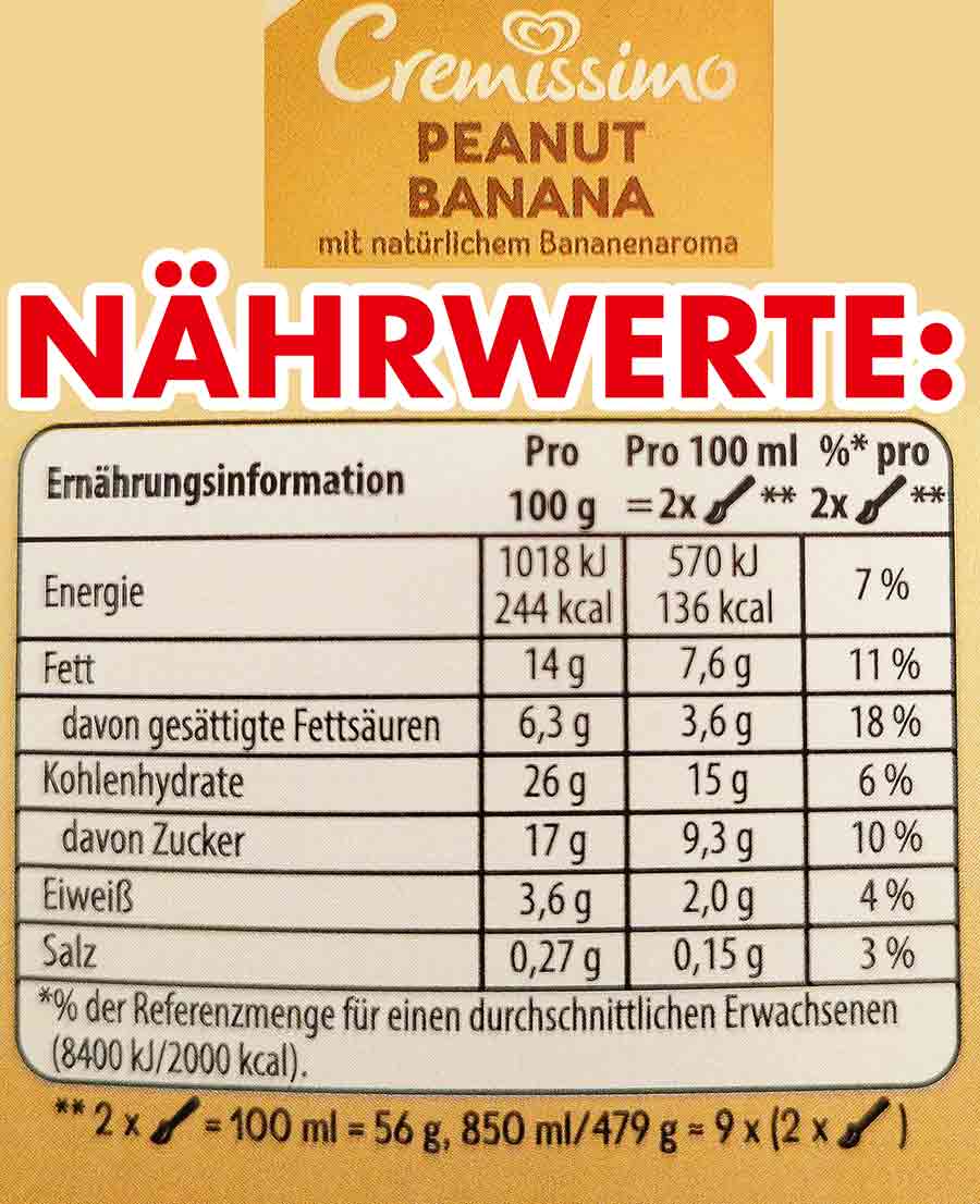 Cremissimo Peanut Banana Kalorien und Nährwerte Nährwerte des veganen Cremissimo Peanut Banana
