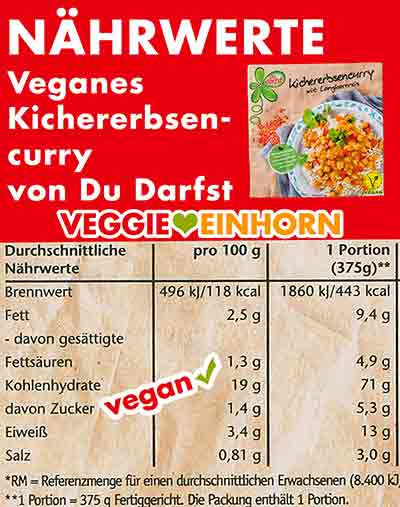 Nährwerte und Kalorien des veganen Fertiggerichtes Nährwerte Tabelle des veganen Kichererbsencurrys von Du Darfst