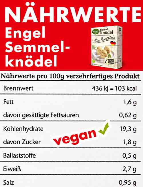 Nährwerte der Bio Semmelknödel von Engel Nährwerte der Semmelknödel von Engel