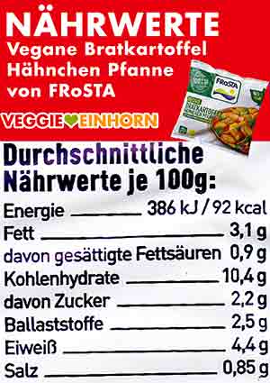 Nährwerte Tabelle der Frosta Veggie Bratkartoffel Hähnchen Pfanne Nährwerte der veganen Bratkartoffel Hähnchen Pfanne von Frosta