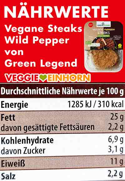 Green Legend Vegane Fleisch Steaks Wild Pepper Nährwerte Nährwerte der veganen Steaks Wild Pepper von Green Legend