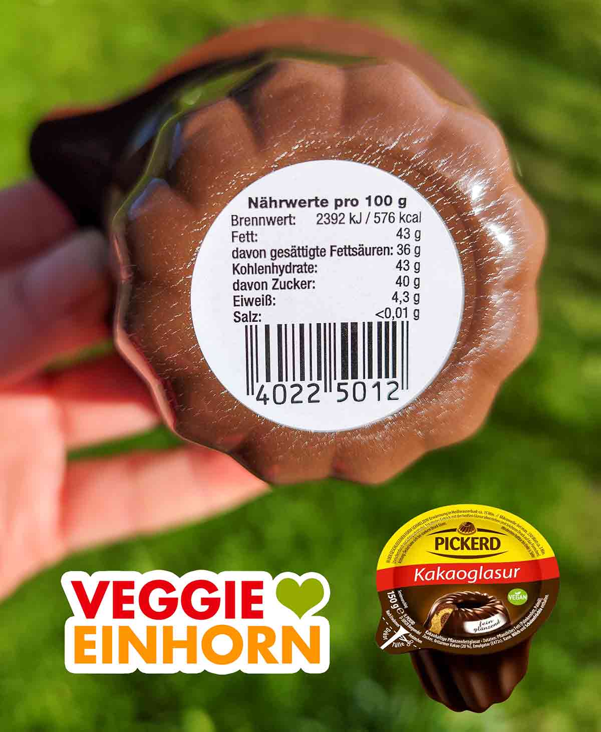 Die Nährwerte stehen auf der Unterseite der Packung. Nährwerte Tabelle auf der Pickerd Kakaoglasur