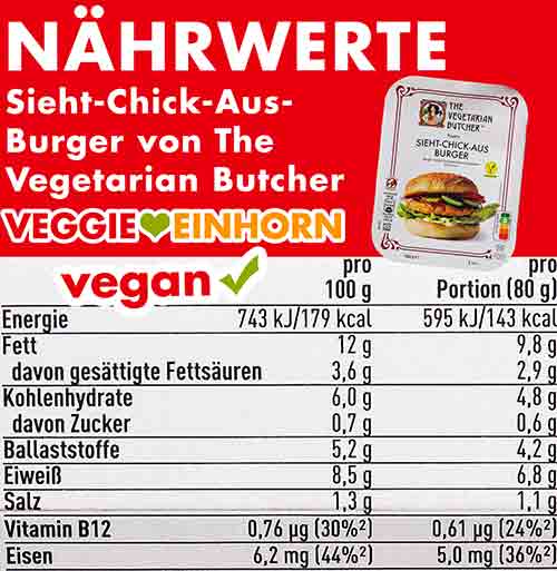 Kalorien und Nährwertetabelle der veganen Chicken Burger von The Vegetarian Butcher Nährwerte der veganen Sieht Chick Aus Burger von The Vegetarian Butcher