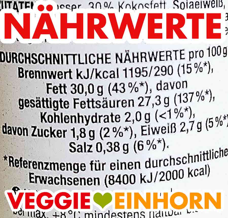 Durchschnittliche Nährwerte pro 100 g. Nährwerte Tabelle der veganen Crème fraîche von Edeka My Veggie
