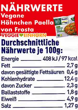 Kalorien und Nährwerte der veganen Hähnchen Paella von Frosta Nährwerte der Veggie Hähnchen Paella von Frosta
