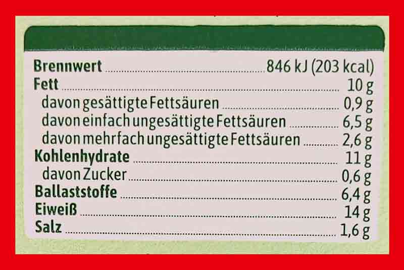 Nährwertetabelle auf der Packung der veganen Mühlen Schnitzel von Rügenwalder. Nährwerte der veganen Mühlen Schnitzel